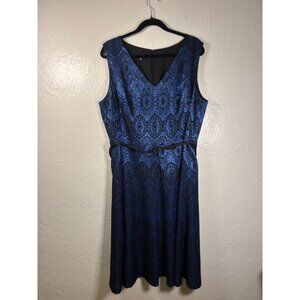 Jones New York Sz 18 Blue Dres w Black Lace Overlay, Lined Sleeveless Belt NYE